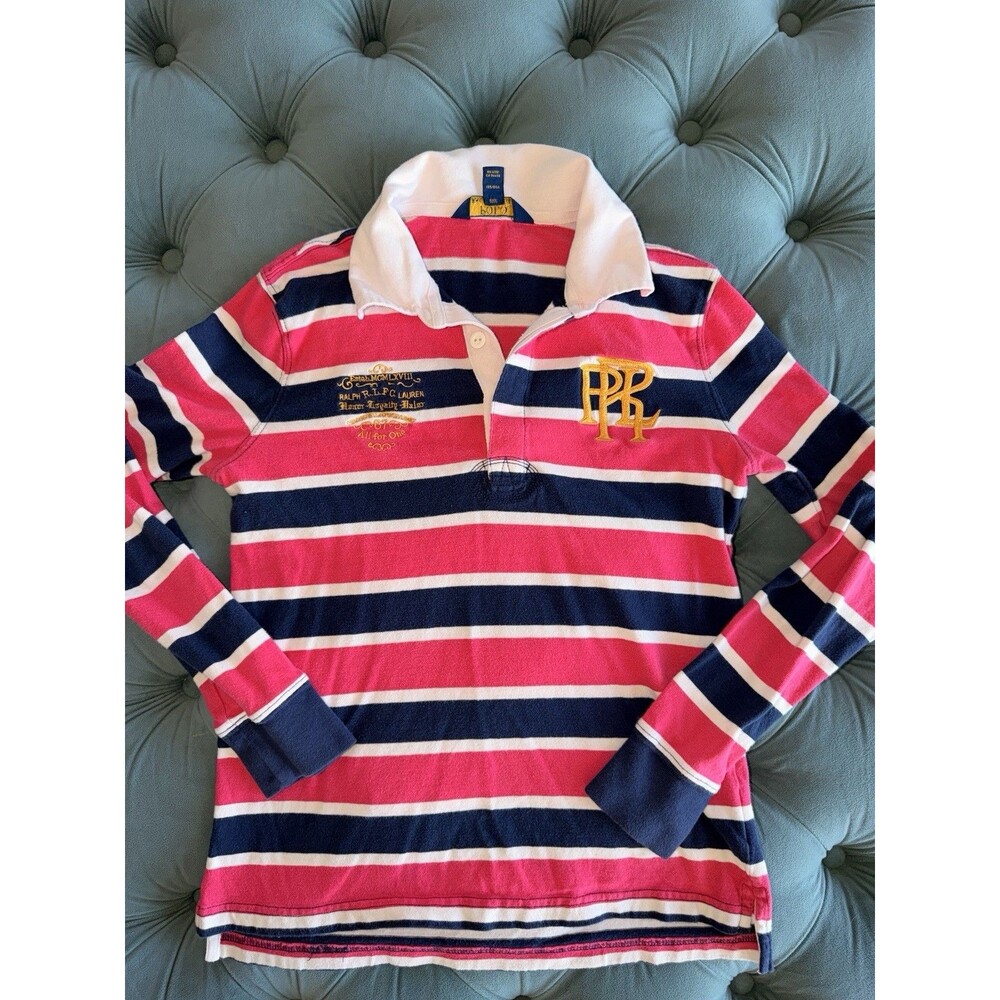 Polo Ralph Lauren GIRL'S Rugby Long Sleeve Sz XL Pink Navy Blue Embroidered